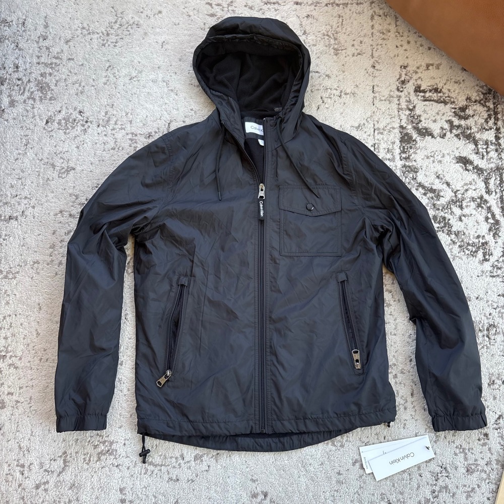 Calvin Klein Mens Black Hooded overcoat Jacket‎ size small coat